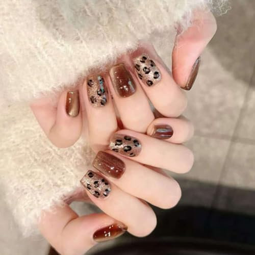24 Pcs Glittering Full Covers False Nails Elegant Stick On Nails Cats Eye Press On Nails Leopards Print Artificial Nails
