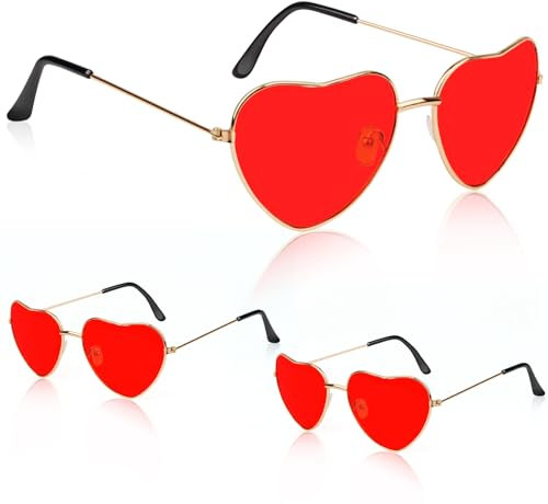 Powmag 3 Paar Herz Sonnenbrille, Lustige Herzbrille, Party brille, Hippie Partybrille, Herzbrille für Fasching Foto Requisiten Geburtstagsfeier für Damen und Männer (Rot)