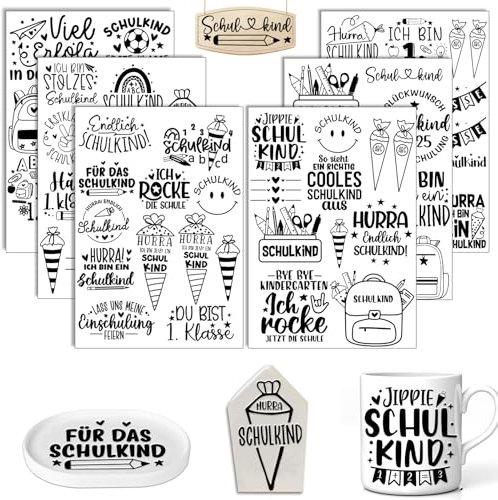 Rub On Sticker Einschulung, 6 Stück A5 Rub On Aufkleber, Folie Transferaufkleber, Sprüche für Raysin, für Möbel, Glas, Holz, Scrapbooking, DIY Basteln Deko (Einschulung)