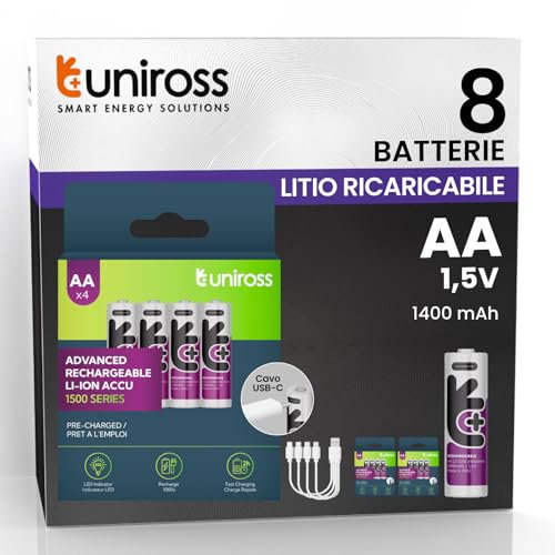 Lot de 8 piles rechargeables avec câble USB-C 4 en 1 1,5 V 1 400 mAh/2 400 mWh pile lithium HR6 stylo +1 000 cycles de charge Uniross haute qualité et longue durée pour télécommande souris claviers