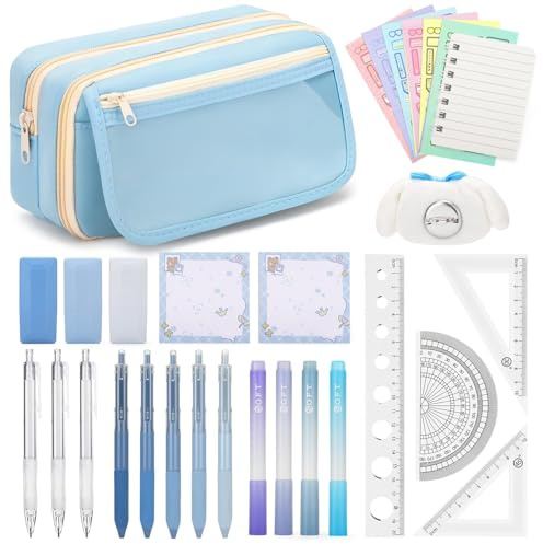 OPPZZIT 30 Stück Federmäppchen Mädchen, Kawaii Schreibwaren Set mit 1 Blauem Federmäppchen, 5 Gelstiften, 4 Textmarkern, 3 Druckbleistiften, Schulsachen Geschenke & Schulbedarf für Mädchen