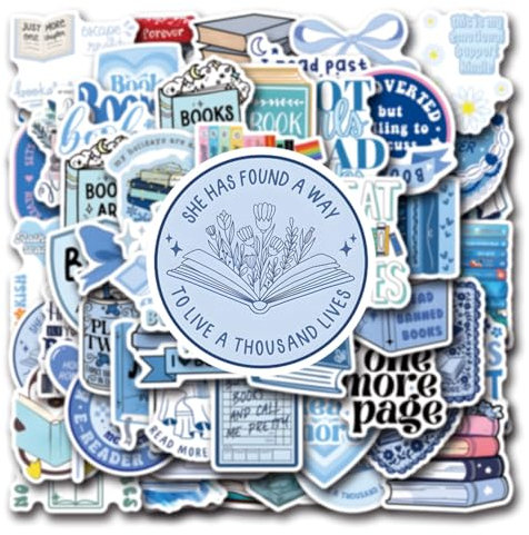 50 Stücke Blaue Buch-Aufkleber für Laptop Auto Fahrrad Computer Journal Koffer Helm Wasserflaschen Motorrad Skateboard Scrapbook,Bookish wasserdichte Stickers für Erwachsene Jugendliche Kinder
