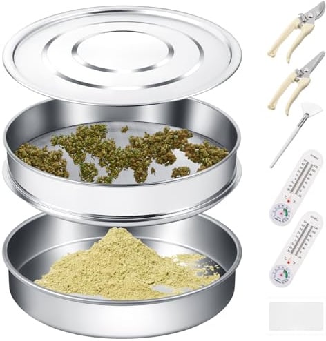 Yaocom 9-teiliges Trimmschalen-Set aus Edelstahl mit 150 Mikrometer feinmaschigem Bildschirm, Bodenerntebehälter, Trimmschere, Mini-Hygrometer, Lupe, Kunststoffschaber und Bürste