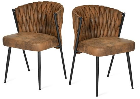 MEUBLE COSY Esszimmerstühle 2er Set mit Geflochtener Rückenlehne Küchenstuhl Polsterstuhl Sessel Bürostuhl aus Wildleder, Metallbeine, Beige