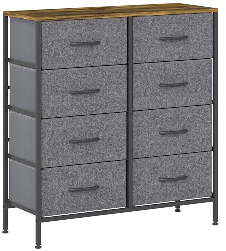 HOMCOM Fabric Chest of Drawers, Industrial Bedroom Dresser with 8 Fabric Drawers, Steel Frame and Wooden Top for Nursery, Living Room, Hallway, Rustic Brown and Grey