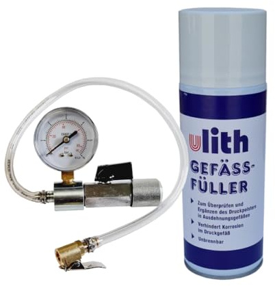 Ulith Gefäßfüller Set 400 ml inkl. Anschlussadapter mit Absperrventil – für Ausdehnungsgefäße – Druckprüfung & Nachfüllung – unbrennbar, mit Manometer & Füllschlauch