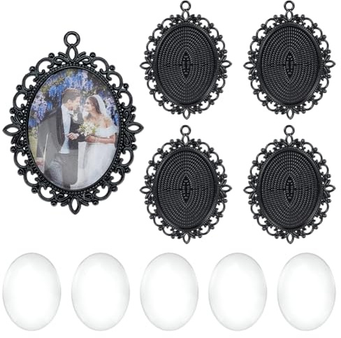 PH PandaHall Kit di cornici con ciondolo, 30 vassoi ovali vuoti, 30 pezzi, in vetro trasparente, cabochon a cupola, per foto, per collane, bouquet di nozze, lauree, foto, colore: nero, 40x30MM, lega