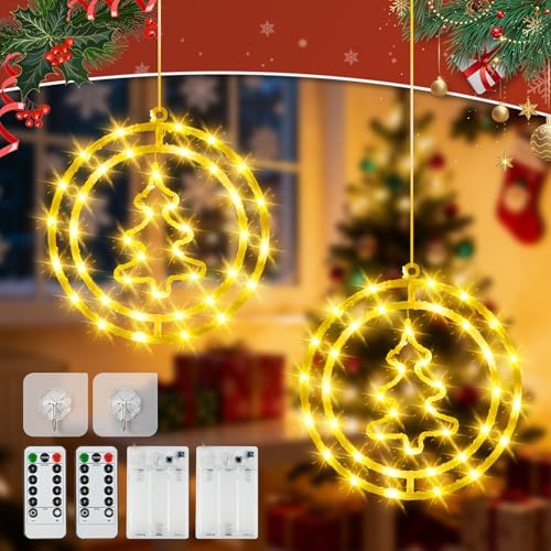 HERMORRYSS Luci Natalizie, 2 Pezzi Decorazione Natalizia per Finestre con Telecomando e 8 Modalità, Decorazioni natalizie impermeabili con Rotazione 3D per Interni, Albero di Natale, Balcone (A)