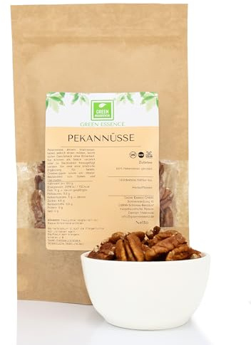 Pekannüsse 500g Halbe Kerne, bitterfrei Pekannusskerne von Green Essence | Nüsse Pekan Geschält, ungeröstet, ungesalzen, Premium, Ohne Zusätze, Naturbelassen, ohne jede Bitterkeit, Pecan Nuts, 500 g
