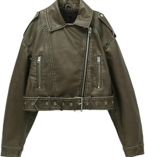 Damen Lederjacke mit Gürtel, Kurzmantel mit Reißverschluss und Vintage Revers Jacke Kunstlederjacke