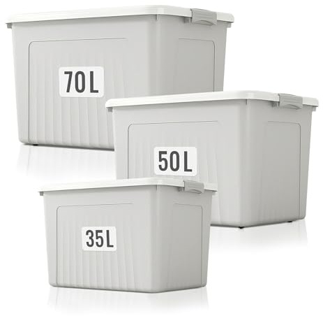 Froppi Storage Boxes - Plastic Storage Boxes with Lid 3 Pack 35x50x70L Grey