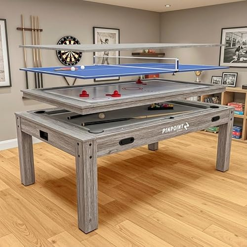 PINPOINT 4-in-1 Multi Games Tisch - Pool, Airhockey, Tischtennis & Tabletop Spiele - Full Size 2.1 m Indoor Tisch mit Zubehör enthalten - Graues Treibholz-Finish für Spielzimmer & Familie
