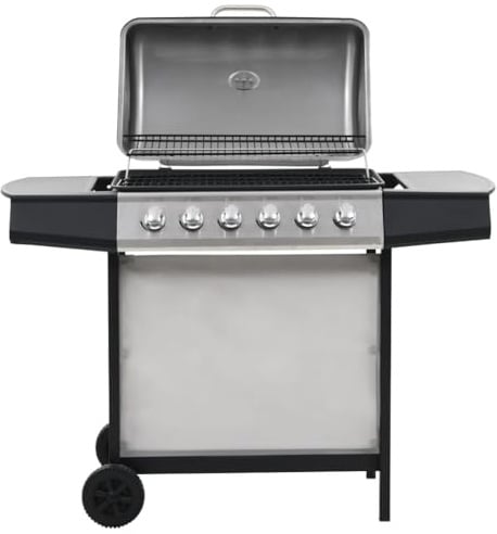 Mokuyary Gasgrill mit 6 Flammen Edelstahl Silbern, BBQ Gas Grillwagen, Mobiler Grillrost Grill für Garten, Camping, Outdoor