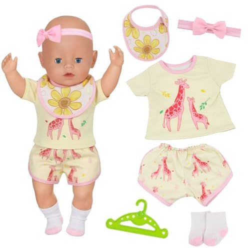 6 Puppenkleidung Outfits für 30-43 cm Baby Puppen, Gelbe Giraffe Kleidung Outfits für 14-18 Zoll Puppe, Kurze Oberteile Shorts Haarband Lätzchen Kleiderbügel Socken für Newborn Baby Puppen