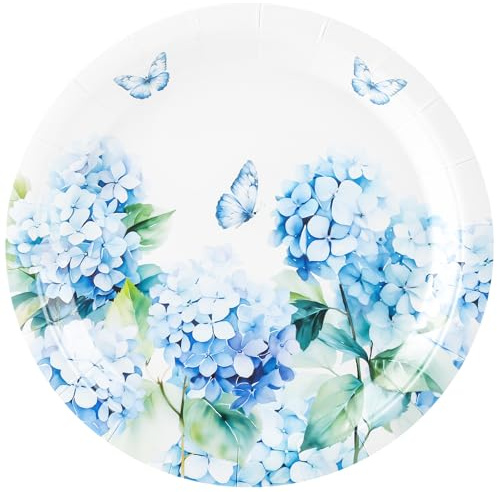 AllReal 24 Pcs Blue Hydrangea Floral Paper Dessert Plates | 7 Inch Floral Disposable Cake Plates Decorative Flower Tableware for Tea Party Baby Shower Garden Wedding Summer Celebration