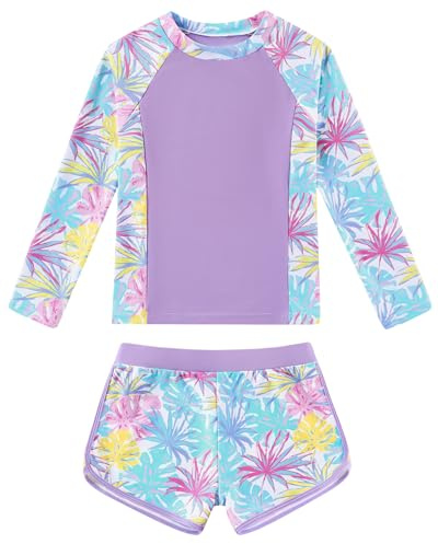 Ghteas Girls Rash Guard Swimsuit UPF 50+ Long Sleeve Modest Bathing Suit Round Neck Top with Elastic Waist Shorts 2 Piece Teen Girl Swimwear 9-10 Years Water Sports Purple