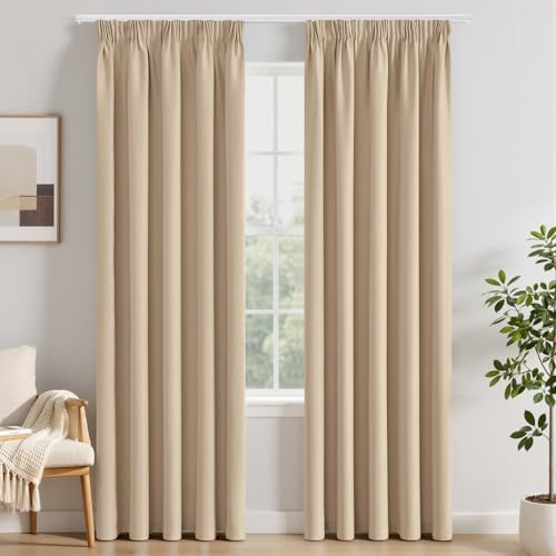 EMEMA Verdunklungsvorhänge mit Kräuselband 2er 140x225 Dunkelbeige Gardinen | Blickdicht Vorhänge 225 cm Lang Thermovorhang 2er Set Verdunkelung für Schiene Gardinen für Wohnzimmer Schlafzimmer