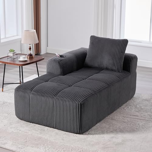 Cord Chaiselongue Lounge-Sessel mit Liegefunktion, Recamiere ohne Montage vakuumiert, Knochenloses Cloud Sofa mit Getränkehalter & Seitentasche, Modulares Polstersofa für Wohnzimmer,Dunkelgrau