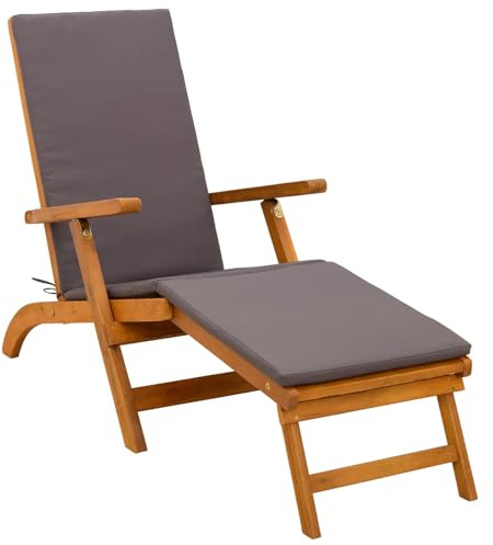 Fengshui Chaise longue en bois d'acacia avec repose-pieds 55 x 146 x 91 cm | Dossier réglable, 5 niveaux d'inclinaison, pliable, pour jardin, terrasse, piscine