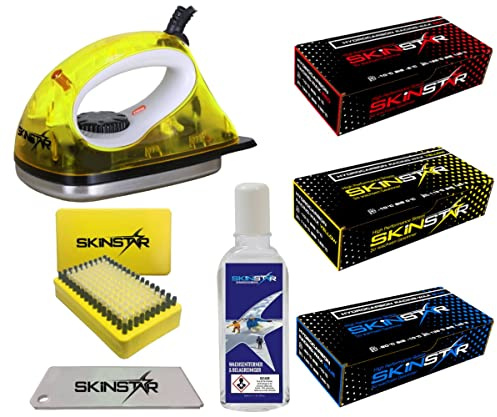 SkinStar Hydrocarbon Skiwachs Set 7-teilig Bügeleisen Ski Snowboard gelb | Hydrocarbon-Wachs, 7 Teile, Wachsbügeleisen, Bürste