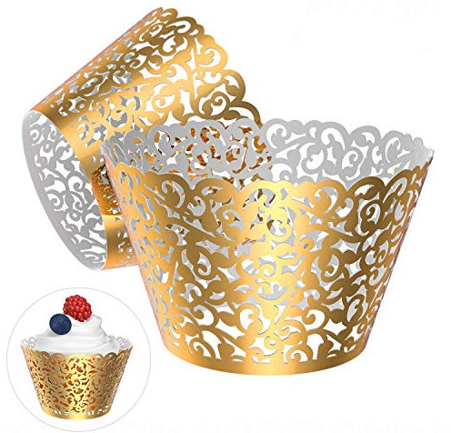 Gospire 50 pcs Pearl Lace Filigree Wedding Cupcake Wrapper Baking Cake Cups Wraps Party Decoration Laser Cut (Bright Gold)