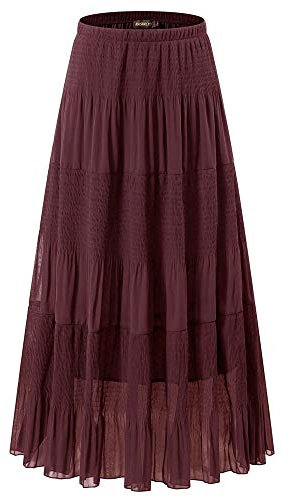 NASHALYLY Damen Chiffon Elastische Hohe Taille Plissee A-Linie Ausgestellt Maxi Röcke, Wein, 3X-Groß