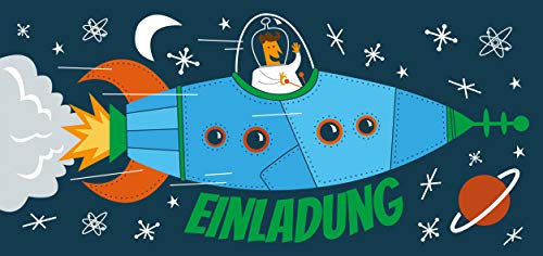 CardWheels 12 Einladungskarten Kindergeburtstag Rakete + 13 Sticker Gratis - Jungen Mädchen | Mitgebsel Geburtstag Flugzeug Astronaut Mottoparty