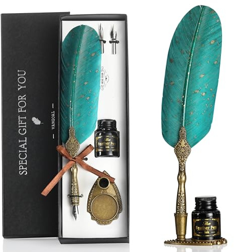 VANGOAL Vintage Green Feather Pen and Ink Set, Classic Series Goose Quill Pen with Carving Pen Stand, Calligraphy Pen Nibs, Black Dip Pen Ink, Antique Writing Gift for Writer