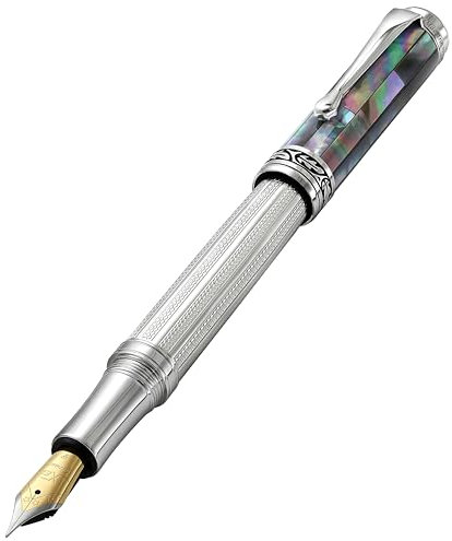 Xezo Maestro Fountain Pen, Fine Nib. Solid 925 Sterling Silver with Black Mother of Pearl Inlay. Platinum Plated Parts. Handcrafted, Limited Edition, Serialized