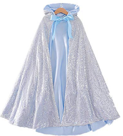 Proumhang Mädchen Kapuzenmantel Zwei Lagen Cape Glitzernde Pailletten Mantel Kinder Mädchen Halloween Weihnachten Karneval Kindertag Prinzessin Geburtstag Party Cosplay Kostüm Silber M