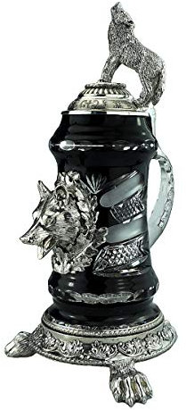 King Crystal German Beer Stein 0.5 Liter tankard, Beer Mug, Black, Pewter Foot on Wolf Paws and Howling Wolflid