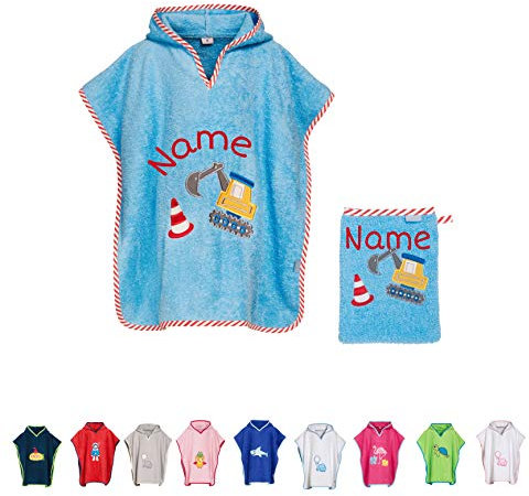 Stickling SET Kinder Badetuch Poncho und Waschhandschuh Waschlappen bestickt | personalisiert mit Namen | Baby Kapuze Bademantel | Robe | Baumwolle (hellblauer Bagger S)
