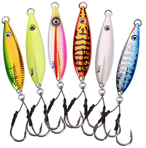 Calissa Offshore Tackle Fast Fall Jig 80g 150g 250g 300LBS Assist Hooks 3/0 Butterfly - Vertical Knife Speed Lure Slow Pitch Flat Glow Color Painted on Both Sides (6 Pack, 450g)