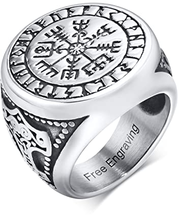 XUANPAI Nordischer Herrenring Wikingerring, Viking Runen Vegvisir Kompass Thors Hammer Ring, Männer Personalisierter Ring Edelstahl Gravur Ringe (Silber, 67 (21.3)