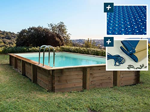 Piscine Bois en kit Rectangle Sunrise - 8.20 x 5.20 x 1.44 m + Bâche à Bulles 400 µ - Bâche Hiver 280 g/m²