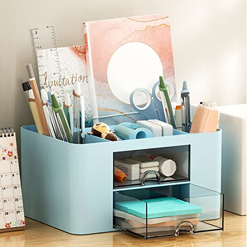Schreibtisch Organizer Büro Organizer mit Schublade & Stifthalter Multifunktionaler Organizer Schreibtisch für Stifte Hefter Ordnerklammern Haftnotizen Tisch Organizer für Büro Zuhause Schule (Blau)