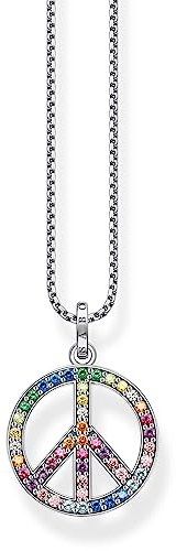 Thomas Sabo Damen Kette mit Anhänger Peace-Zeichen mit bunten Steinen Silber geschwärzt, aus 925er Sterlingsilber mit Schmucksteinen in Regenbogenfarben, Länge 55cm, KE2170-318-7-L55V