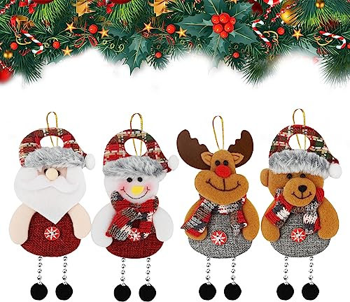 Bekecidi Juego de 4 Adornos Colgantes de Tela de Navidad - Oso, Muñeco de Nieve, Santa, Elk Con Cuerda Para Decoración de Fiesta y Festival - Adornos Para Árbol