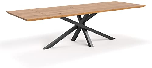 Danzz Slant ausziehbarer Esstisch 160x80 cm mit 50 cm Verlängerungen, Tisch aus massiver Eiche, handgefertigtes Eichenholz, Massivholz, Stern- Fuß Metallgestell, Esstisch in Naturfarbe