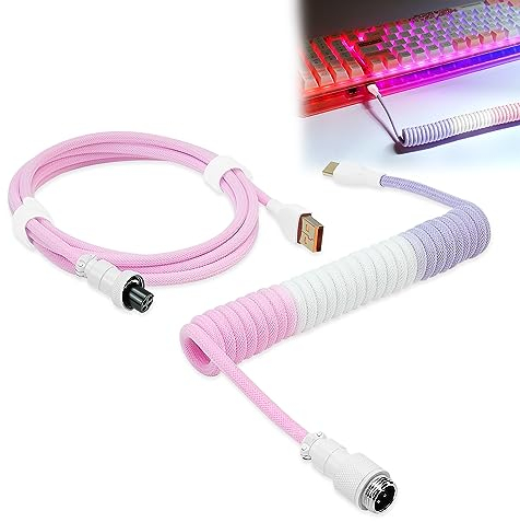 UCINNOVATE Coiled Keyboard Cable, Pro Custom Coiled USB C Cable for Gaming Keyboard, Double-Sleeved Mechanical Keyboard Cable with Detachable Metal Aviator, 1.8M USB-C to USB-A (Pink & White &Purple)