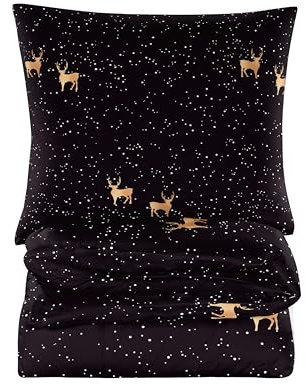 Cotton Market Bettwäsche - Bettwäsche Baumwoll-Mikrofaser - Weihnachts Bettwäsche - Bettwäsche-Sets 2 Teilig - Bettbezug 135x200 cm und Kissenbezug 70x80 cm - Rentiere, Schwarz und Gold