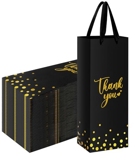 30 Pack Wine Gift Bag Bulk, Thank You Wine Gift Bags with Metallic Gold Foil Print, Single Wine Bottle Elegant Paper Champagne Tote Bag with Rope Handles for Wedding Holiday Birthday Party (Black)