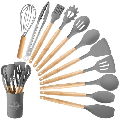 Juego de utensilios de cocina, 12 piezas de silicona, utensilios de cocina, resistentes al calor, con soporte para utensilios, antiadherente, apto para lavavajillas (gris)