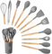 Juego de utensilios de cocina, 12 piezas de silicona, utensilios de cocina, resistentes al calor, con soporte para utensilios, antiadherente, apto para lavavajillas (gris)