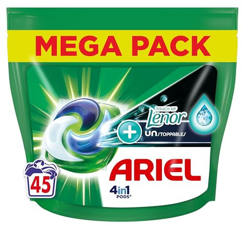 Ariel 4en1 : PODS, Lessive Liquide En Capsules 45 Lavages, +Touch Of Lenor Unstoppables, Une Fraîcheur Longue Durée Jusqu’à 1 Semaine