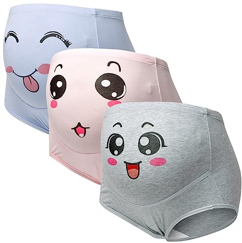 Lot De 3 Culottes De Maternité en Coton Extensible Taille Haute Culotte De Grossesse Culotte De Contrôle du Ventre À La Mode avec Imprimé Visage Souriant,4XL