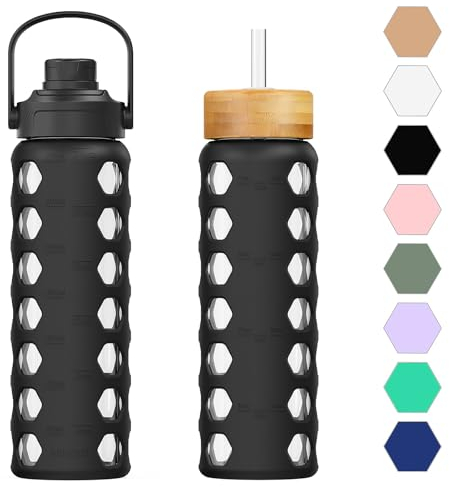 HYDRAGLAZIC Botella de agua de cristal de 700 ml con pajita y tapa, botella de cristal con asa, manguito de silicona con indicador de tiempo y agua, sin BPA, color negro