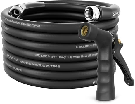 SPECILITE 1,6 cm Heiß-/Kaltwasserschlauch, 15,2 m, mit industrieller Hochdruckdüse, strapazierfähiges, flexibles Gummi-Gartenrohr, -45,6 °C bis 70 °C, mit 1,9 cm Edelstahlbeschlägen für Hof, Outdoor,