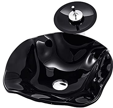 KJSHXYG Lavabo-Vasque de Salle de Bain avec Robinet et évacuation Lavabo-Vasque en Verre trempé Lavabo de comptoir en Verre trempé Noir Bassin de lavabo de Forme irrégulière au-Dessus du comptoir