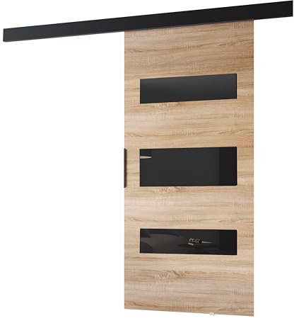 MINIO go for it - Schiebetüren 86 cm, Schiebetür Zimmertür PRIM D, Schiebetürsystem für Zimmer, Dekorative Elemente, Wandmontage, Türe Innen - Schwarz/Schwarzer Griff, Sonoma Eiche/Schwarz